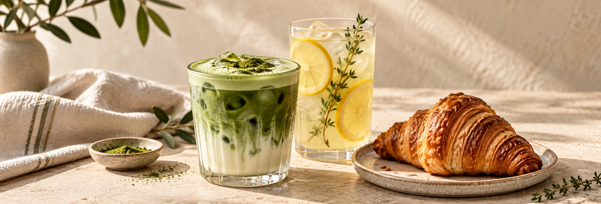 Ledová matcha, citronáda a croissant na stole